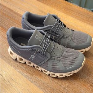 On Running Gray and Tan Sneakers with Breathable Mesh and Unique Sole